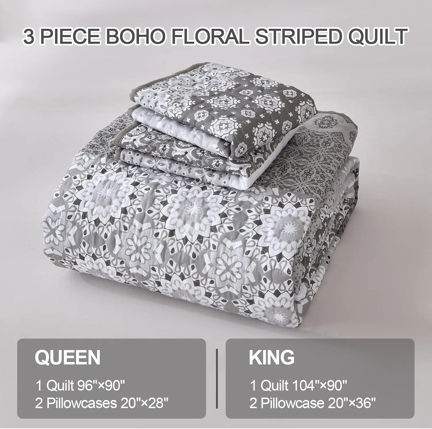 WONGS BEDDING Grey Boho Quilt Set King,Bohemian Floral Striped Patchwork Bedspread Coverlet Set with 2 Pillowcases,Lightweight Microfiber Bohemian Quilt Bedding Set 104"×90"