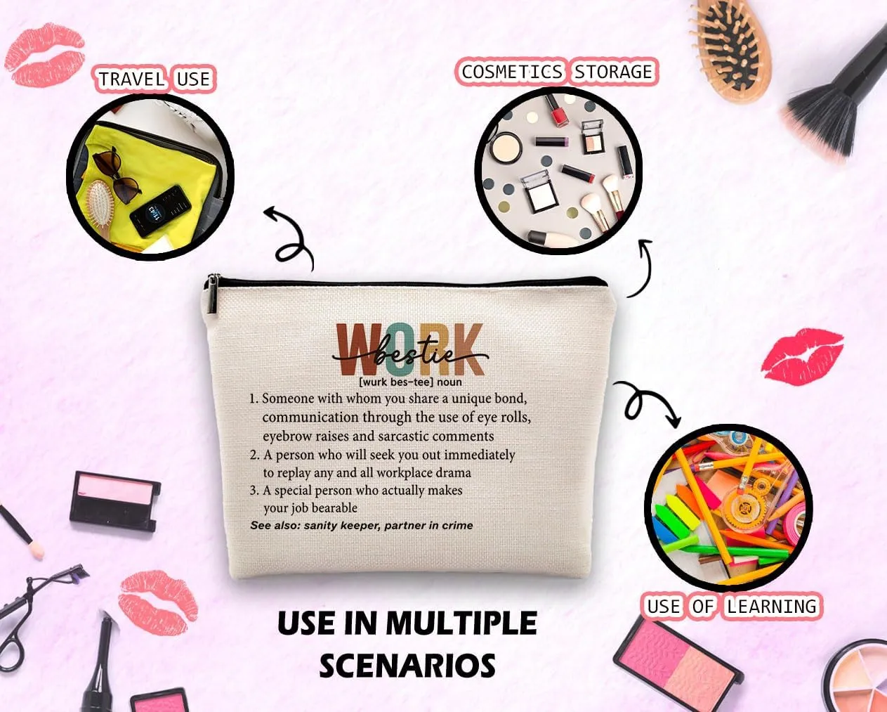 Work Bestie Gifts for Women Coworker Makeup Bag, Retirement Farewell Going Away Cosmetic Bag, Thank You Gift for Coworkers Makeup Bag for Purse, Work Bestie Definition Travel Bag