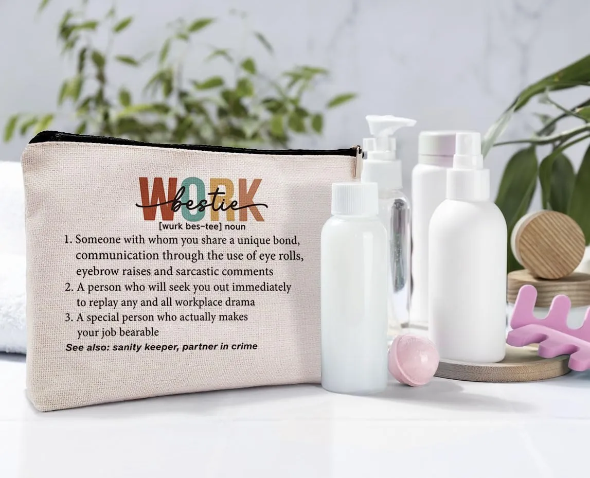 Work Bestie Gifts for Women Coworker Makeup Bag, Retirement Farewell Going Away Cosmetic Bag, Thank You Gift for Coworkers Makeup Bag for Purse, Work Bestie Definition Travel Bag
