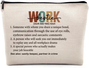 Work Bestie Gifts for Women Coworker Makeup Bag, Retirement Farewell Going Away Cosmetic Bag, Thank You Gift for Coworkers Makeup Bag for Purse, Work Bestie Definition Travel Bag