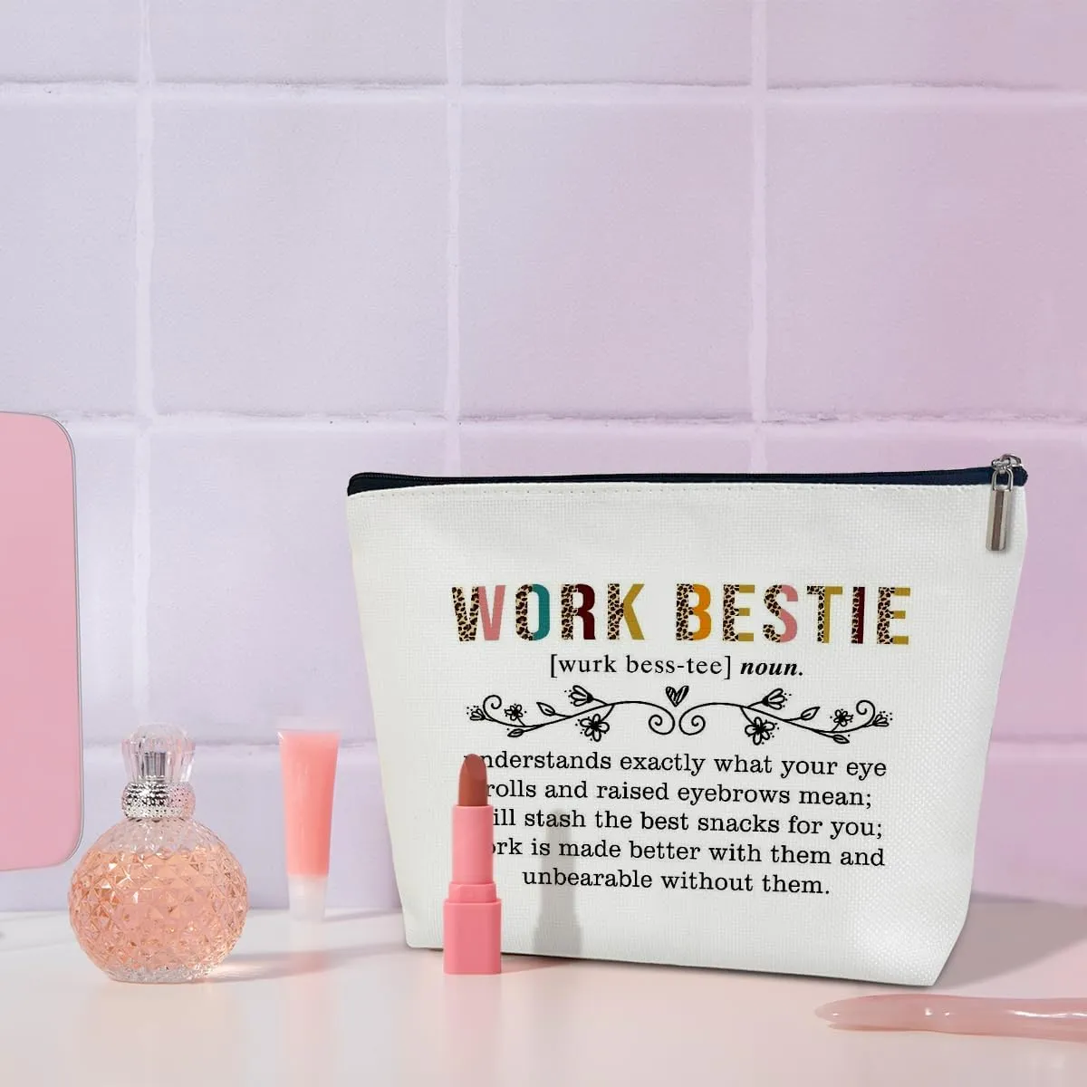 Work Bestie Makeup Bag for Women, Work Bestie Gift for Women Gift for Coworker Besties Going Away Gifts for Friends Colleague Thank You Gift Travel Toiletry Cosmetic Bag, Zipper Organizer Pouch -FS367