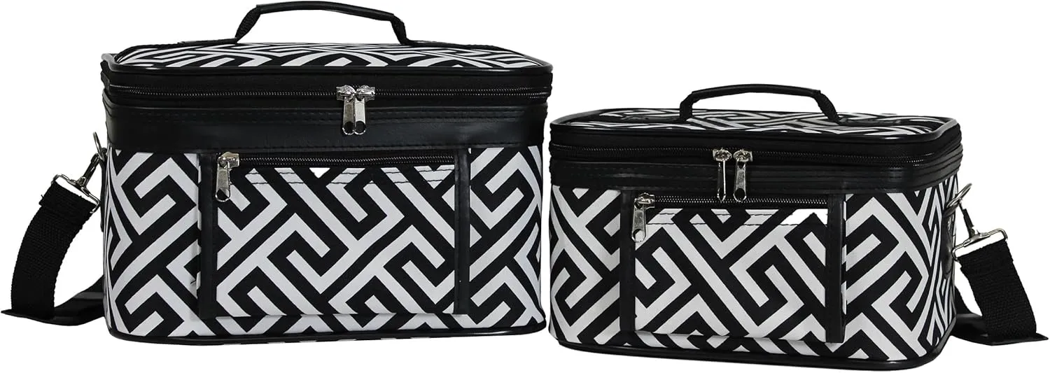 World Traveler Women's 2-Piece Cosmetic Case Set, Greek Key H Black White