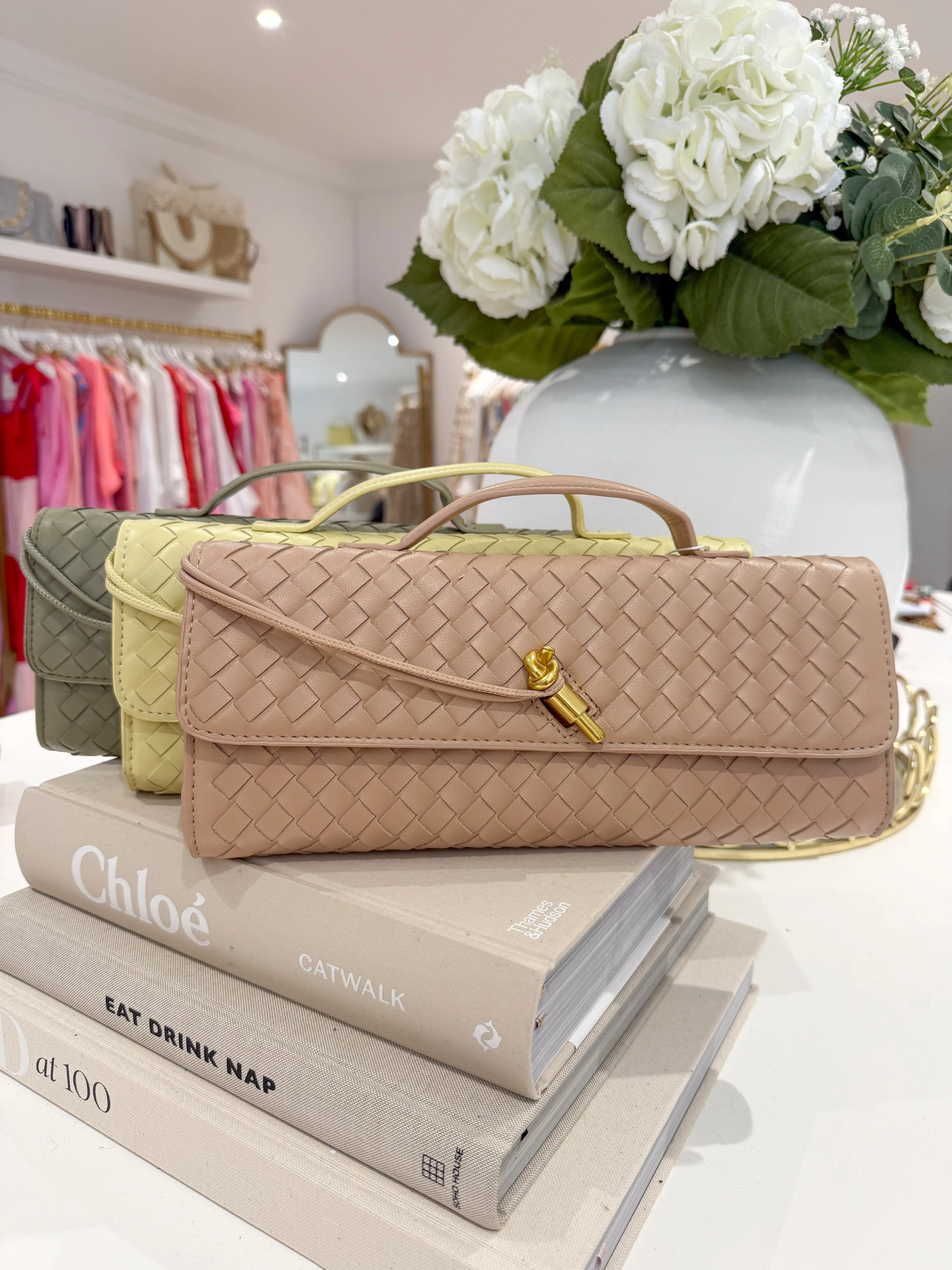 Woven Rectangle Envelope Gold Rod Fasten Clutch Bag (5 Colours)