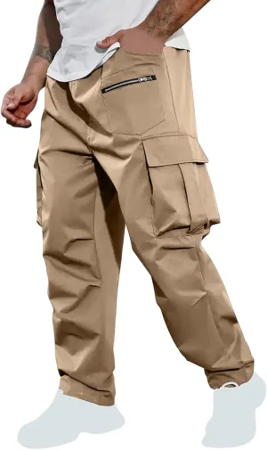 Xiaojmake Men's Casual Elastic Waist Cargo Pant with Zipper Pockets Loose Workout Pants Outdoor Hiking Running Tactical Pant