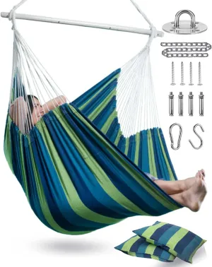 XXL Hammock Chair Hanging Rope Swing with 2 Cushions - Max 500lbs-Perfect for Patio, Porch, Bedroom, Backyard, Indoor or Outdoor - Includes Hanging Hardware Kits