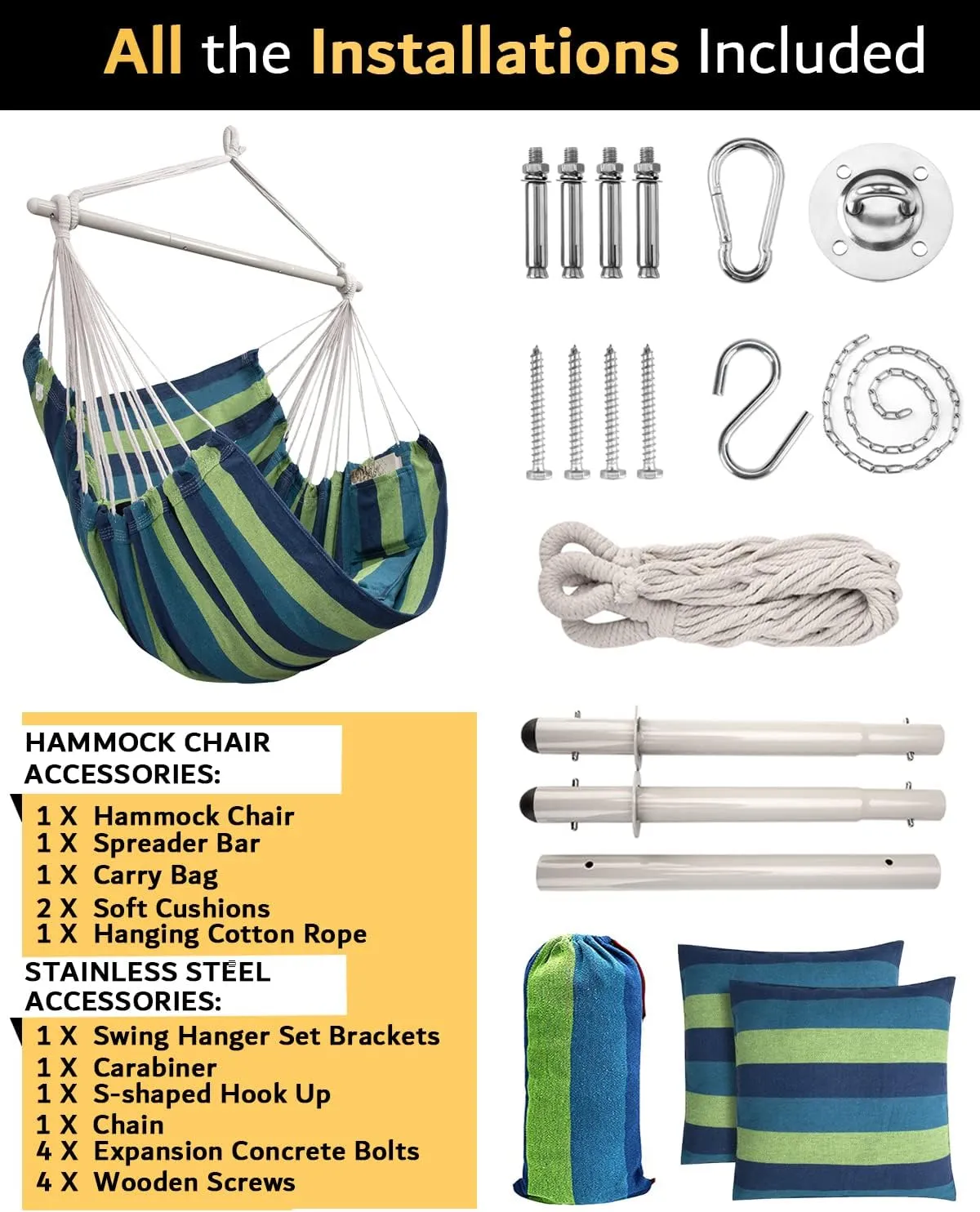 XXL Hammock Chair Hanging Rope Swing with 2 Cushions - Max 500lbs-Perfect for Patio, Porch, Bedroom, Backyard, Indoor or Outdoor - Includes Hanging Hardware Kits