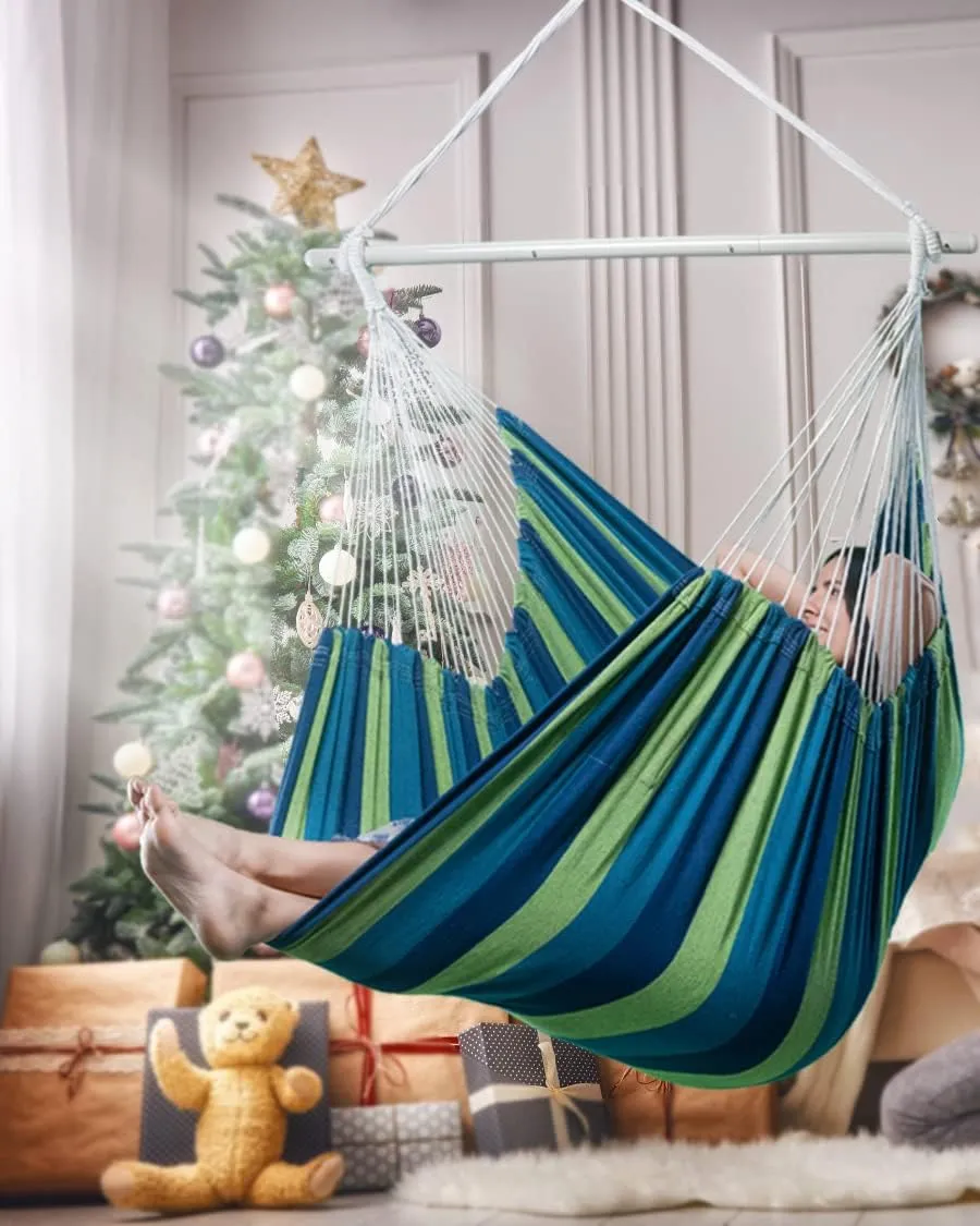 XXL Hammock Chair Hanging Rope Swing with 2 Cushions - Max 500lbs-Perfect for Patio, Porch, Bedroom, Backyard, Indoor or Outdoor - Includes Hanging Hardware Kits