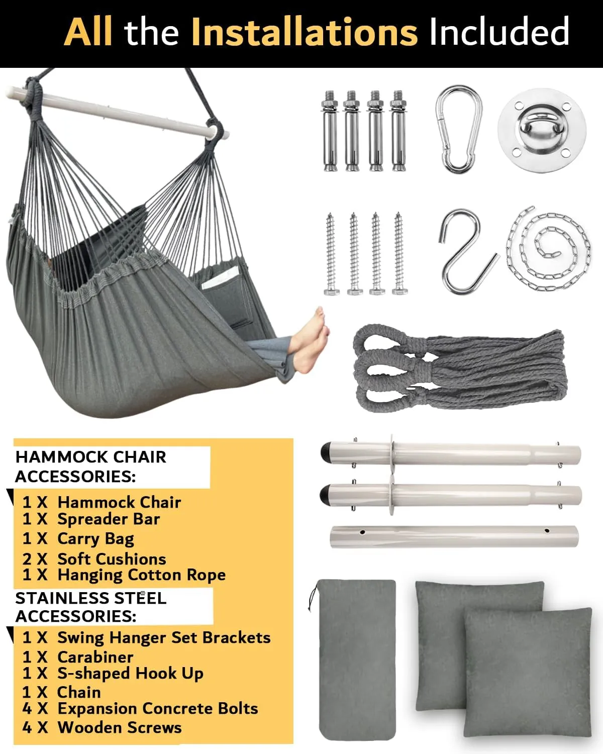 XXL Hammock Chair Hanging Rope Swing with 2 Cushions - Max 500lbs-Perfect for Patio, Porch, Bedroom, Backyard, Indoor or Outdoor - Includes Hanging Hardware Kits