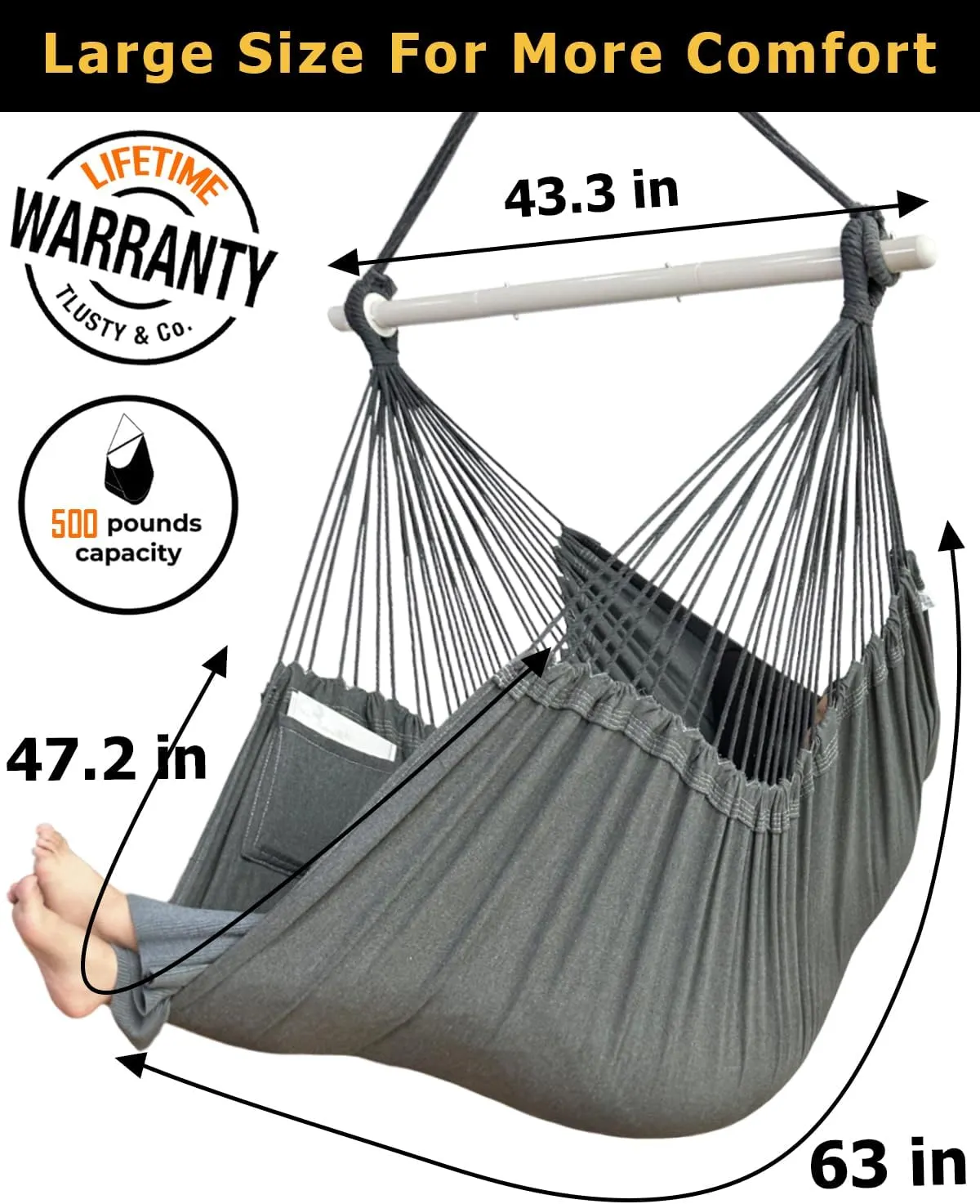 XXL Hammock Chair Hanging Rope Swing with 2 Cushions - Max 500lbs-Perfect for Patio, Porch, Bedroom, Backyard, Indoor or Outdoor - Includes Hanging Hardware Kits