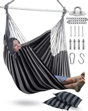 XXL Hammock Chair Hanging Rope Swing with 2 Cushions - Max 500lbs-Perfect for Patio, Porch, Bedroom, Backyard, Indoor or Outdoor - Includes Hanging Hardware Kits