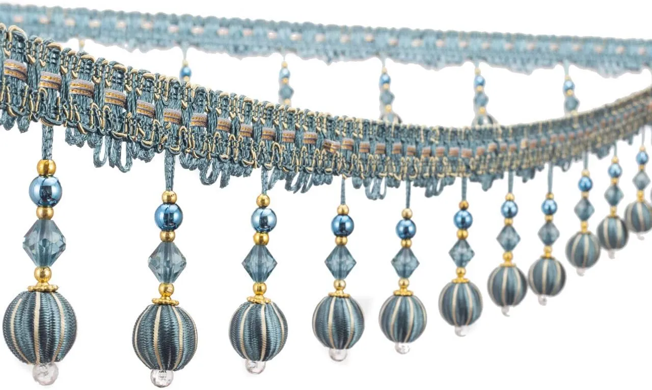 Yalulu 4 Yard Beaded Pendant Hanging Ball Tassel Fringe Trim Macrame for Curtain Tablecloth Home Decoration (Grey-Blue)
