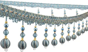 Yalulu 4 Yard Beaded Pendant Hanging Ball Tassel Fringe Trim Macrame for Curtain Tablecloth Home Decoration (Grey-Blue)