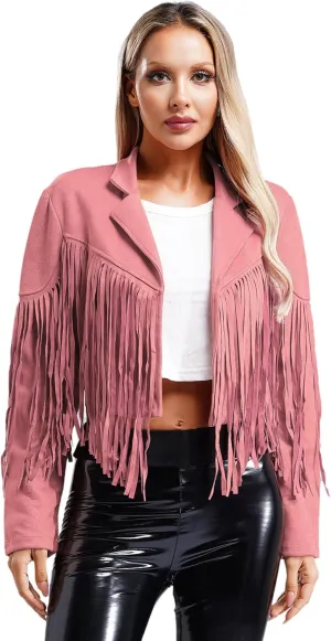 YiZYiF Women's Fringe Faux Suede Leather Jackets Fashion Cowgirl Tassel Motorcycle Cropped Coats