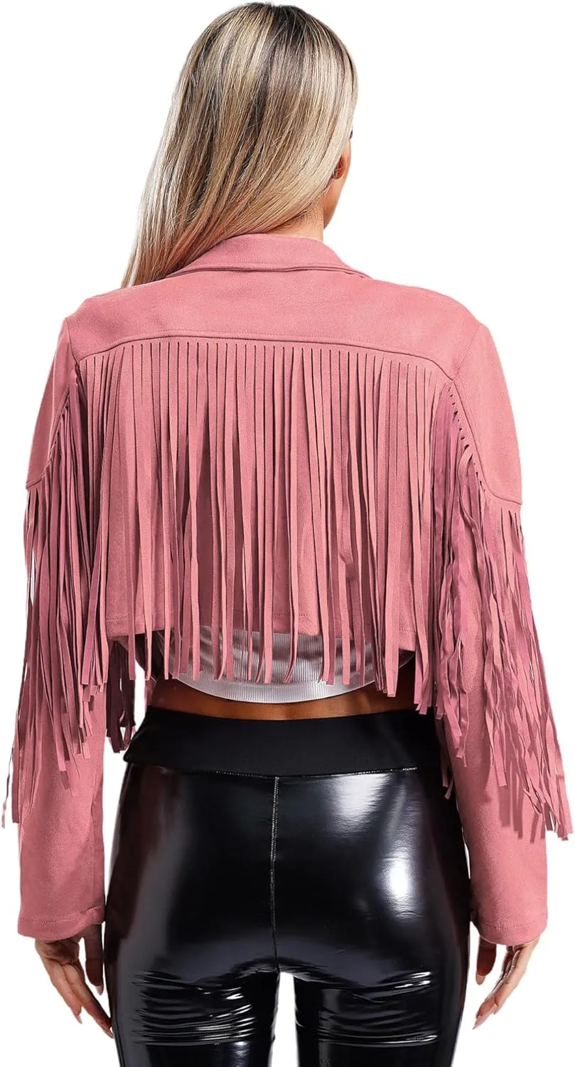 YiZYiF Women's Fringe Faux Suede Leather Jackets Fashion Cowgirl Tassel Motorcycle Cropped Coats