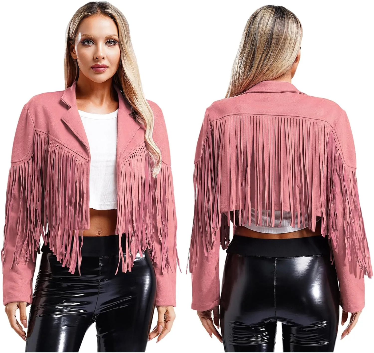 YiZYiF Women's Fringe Faux Suede Leather Jackets Fashion Cowgirl Tassel Motorcycle Cropped Coats