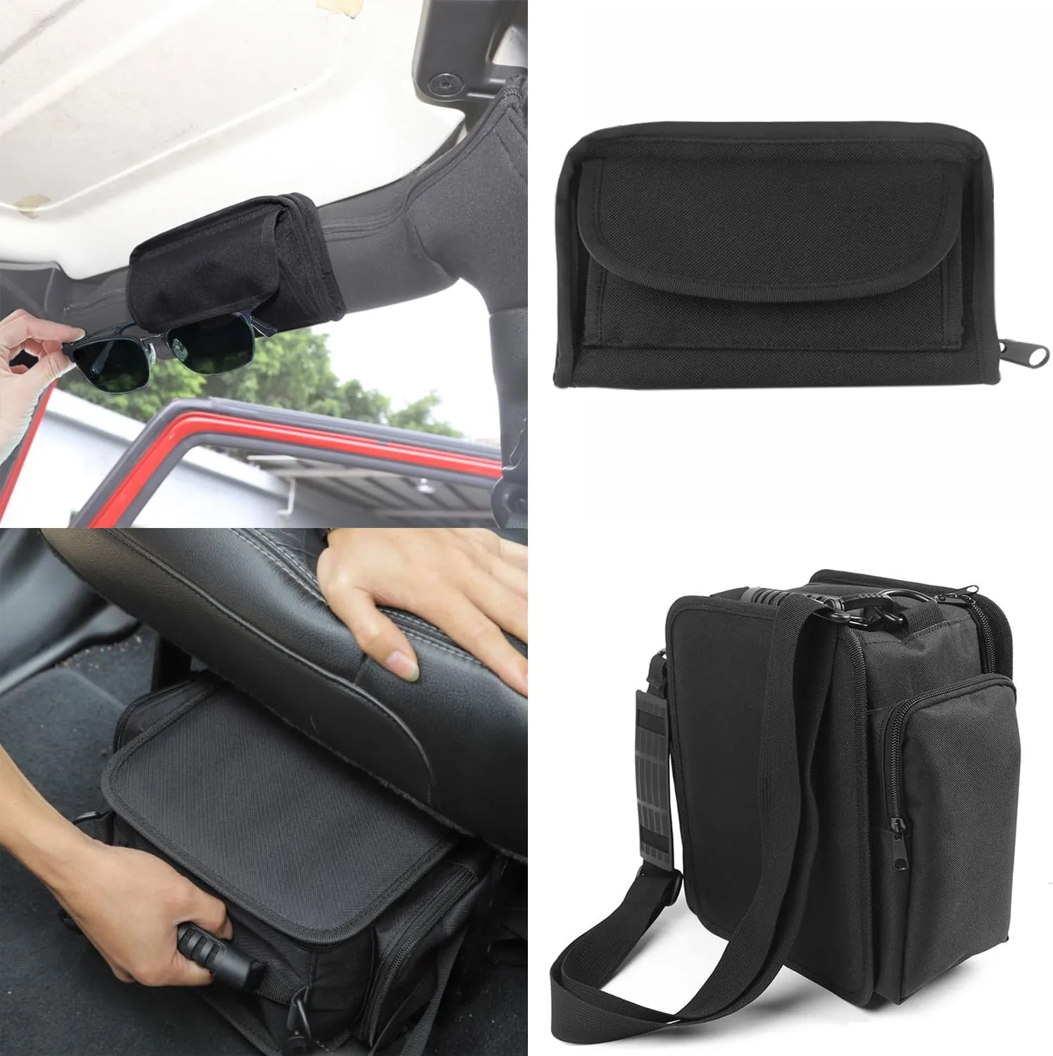 YOCTM 2-PACK Under Seat Storage Bag Roll Bar Sunglasses Holder Organizers Compatible With Jeep Wrangler JK JL 2018 2019 2020 2021 2022 2023 2024 2025 Interior Accessories Extra Storage Black Oxford