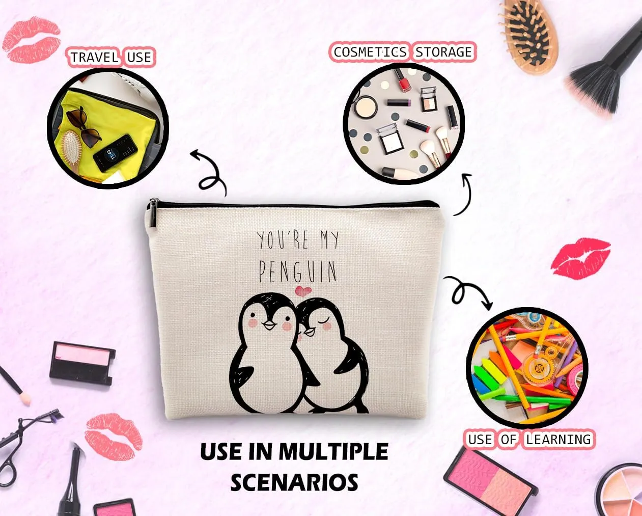 You are My Penguin Cosmetic Bag, Cute Southern Animal Makeup Bag Zipper Cosmetic Pouch Bag Travel Linen Makeup Organizer, Penguin Themed Wedding Gifts for Women Couple Girlfriend