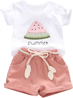 YOUNGER TREE Toddler Baby Girls Clothes Watermelon T-shirt   Linen Shorts with Belt Cute Summer Short Set