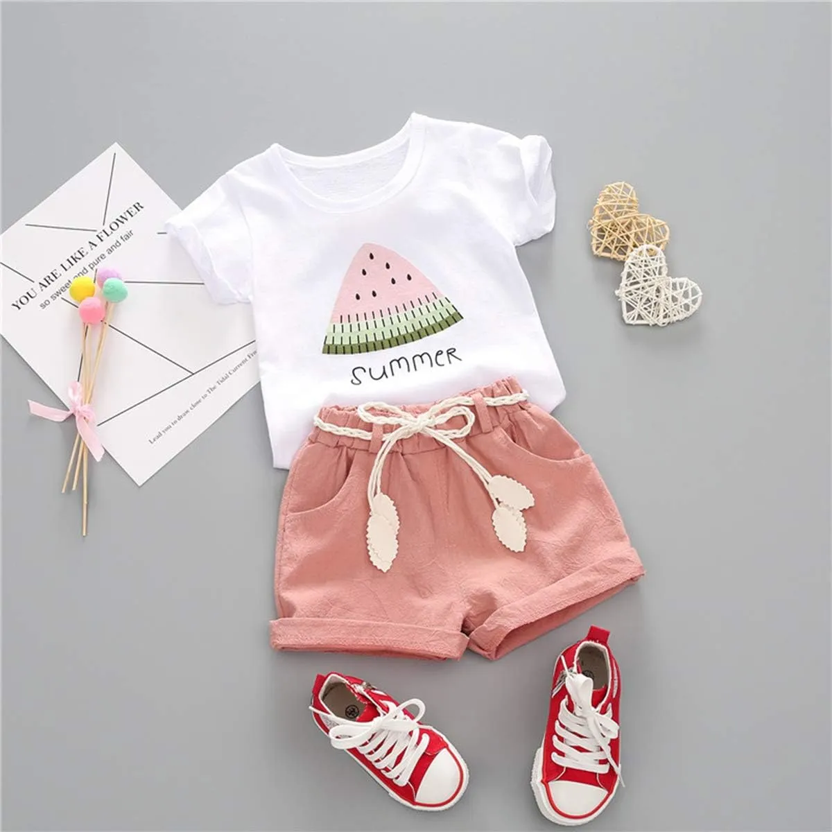 YOUNGER TREE Toddler Baby Girls Clothes Watermelon T-shirt   Linen Shorts with Belt Cute Summer Short Set