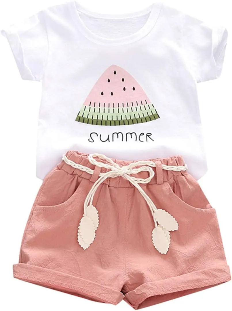 YOUNGER TREE Toddler Baby Girls Clothes Watermelon T-shirt   Linen Shorts with Belt Cute Summer Short Set
