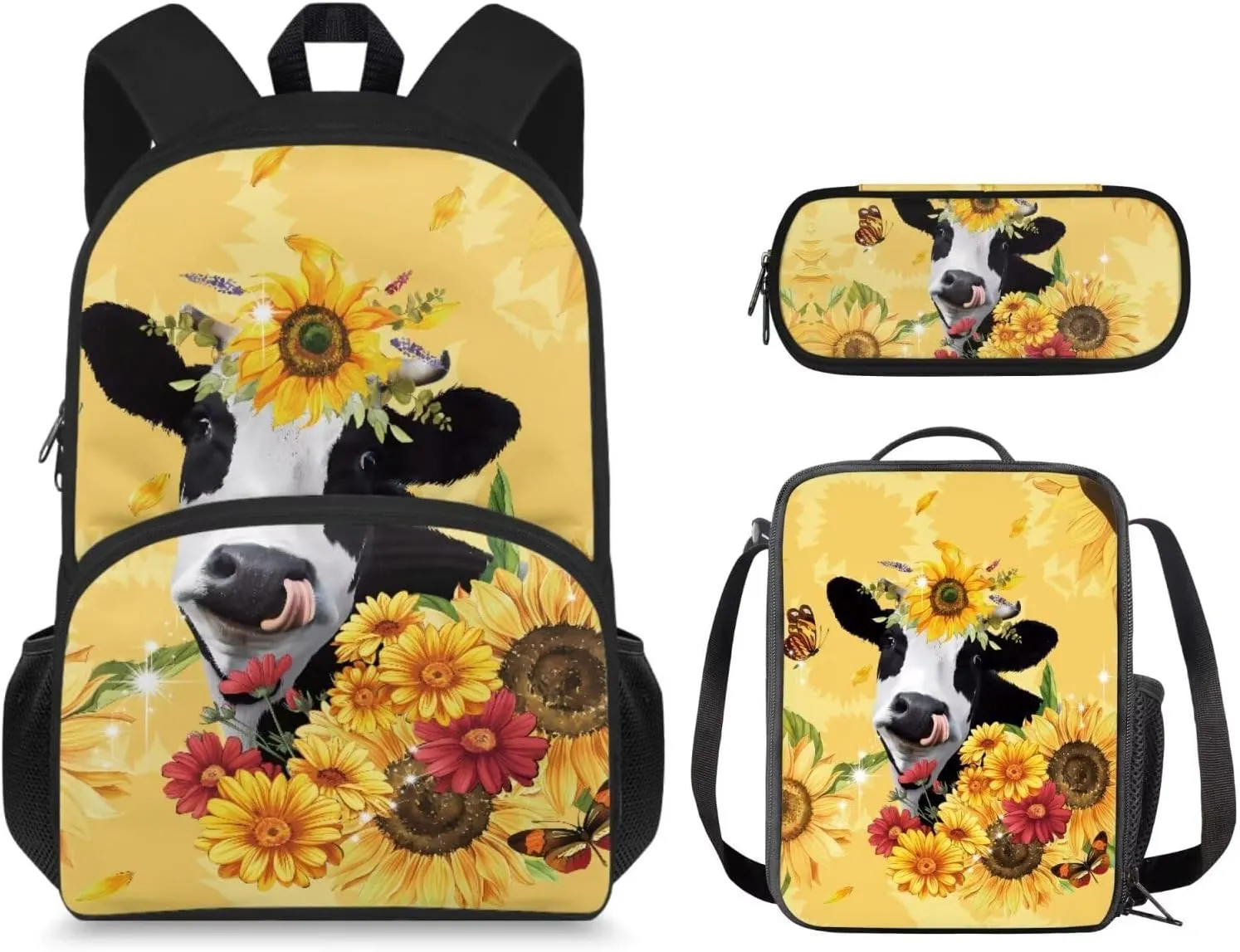 Ystardream 1St Grade Backpack for Girls Yellow Cow Girls Backpack And Lunch Box Set Kids Back Pack Purse for Kindergarten School Bookbag with Pencil Case Rucksack for Teens Child Back To School