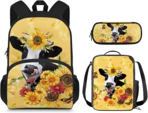Ystardream 1St Grade Backpack for Girls Yellow Cow Girls Backpack And Lunch Box Set Kids Back Pack Purse for Kindergarten School Bookbag with Pencil Case Rucksack for Teens Child Back To School