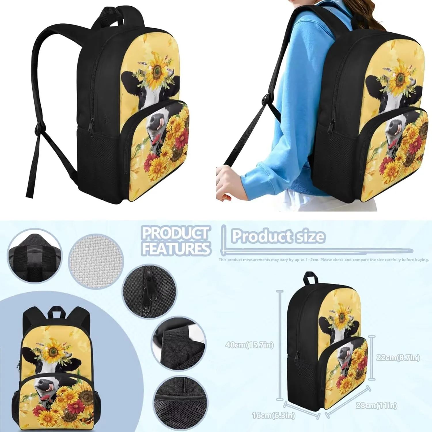 Ystardream 1St Grade Backpack for Girls Yellow Cow Girls Backpack And Lunch Box Set Kids Back Pack Purse for Kindergarten School Bookbag with Pencil Case Rucksack for Teens Child Back To School