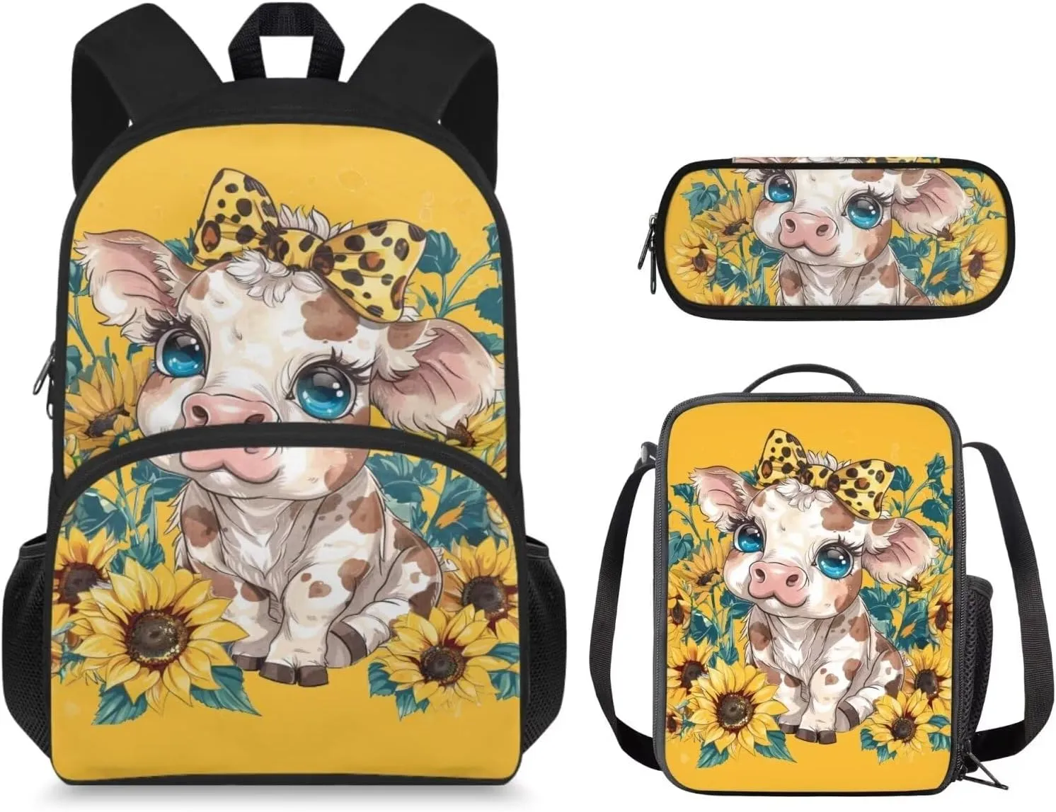 Ystardream 1St Grade Backpack Girls Cow Girls Backpack And Lunch Box Set Kids Backpack Purse for Yellow Elementary School Bookbag with Pencil Case Rucksack for Teens Child Back To School