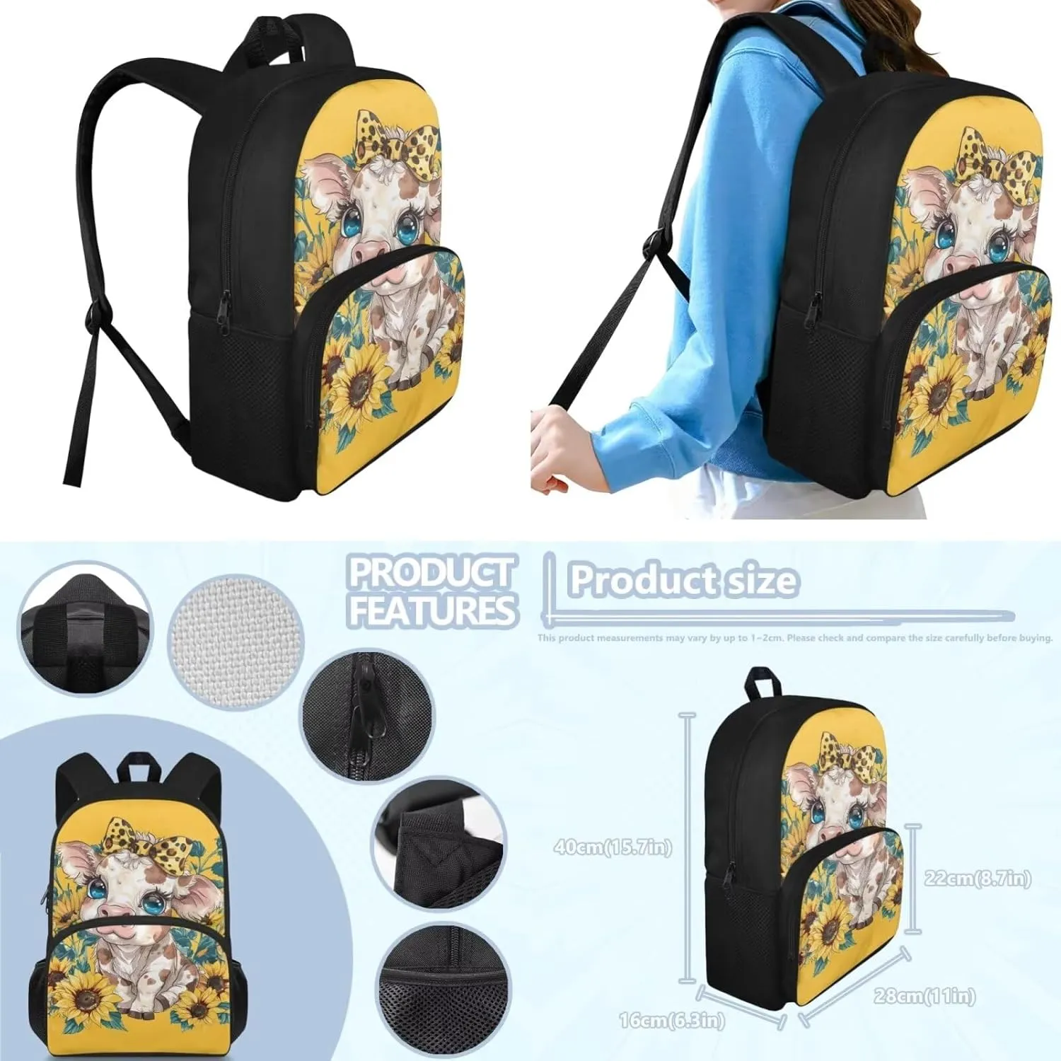 Ystardream 1St Grade Backpack Girls Cow Girls Backpack And Lunch Box Set Kids Backpack Purse for Yellow Elementary School Bookbag with Pencil Case Rucksack for Teens Child Back To School
