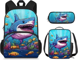 Ystardream Cartoon Shark Backpack for School Boys Bookbags for Kids 6-8 with Lunch Bag Pencil Box Portable Toddler Backpack for Girls 15inch Small Backpack for Girls for Kids Birthday Gifts