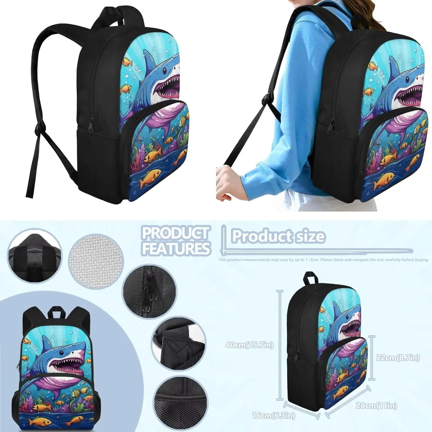 Ystardream Cartoon Shark Backpack for School Boys Bookbags for Kids 6-8 with Lunch Bag Pencil Box Portable Toddler Backpack for Girls 15inch Small Backpack for Girls for Kids Birthday Gifts