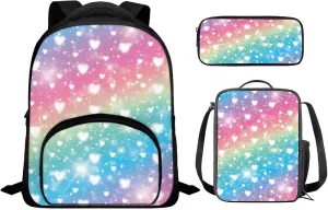 Ystardream Love Rainbow School Bag with Lunch Bag Kids Preschool Backpack for Girls Backpack Purse with Pencil Case Schoolbags Pink Rucksack for Teens Child Back To School