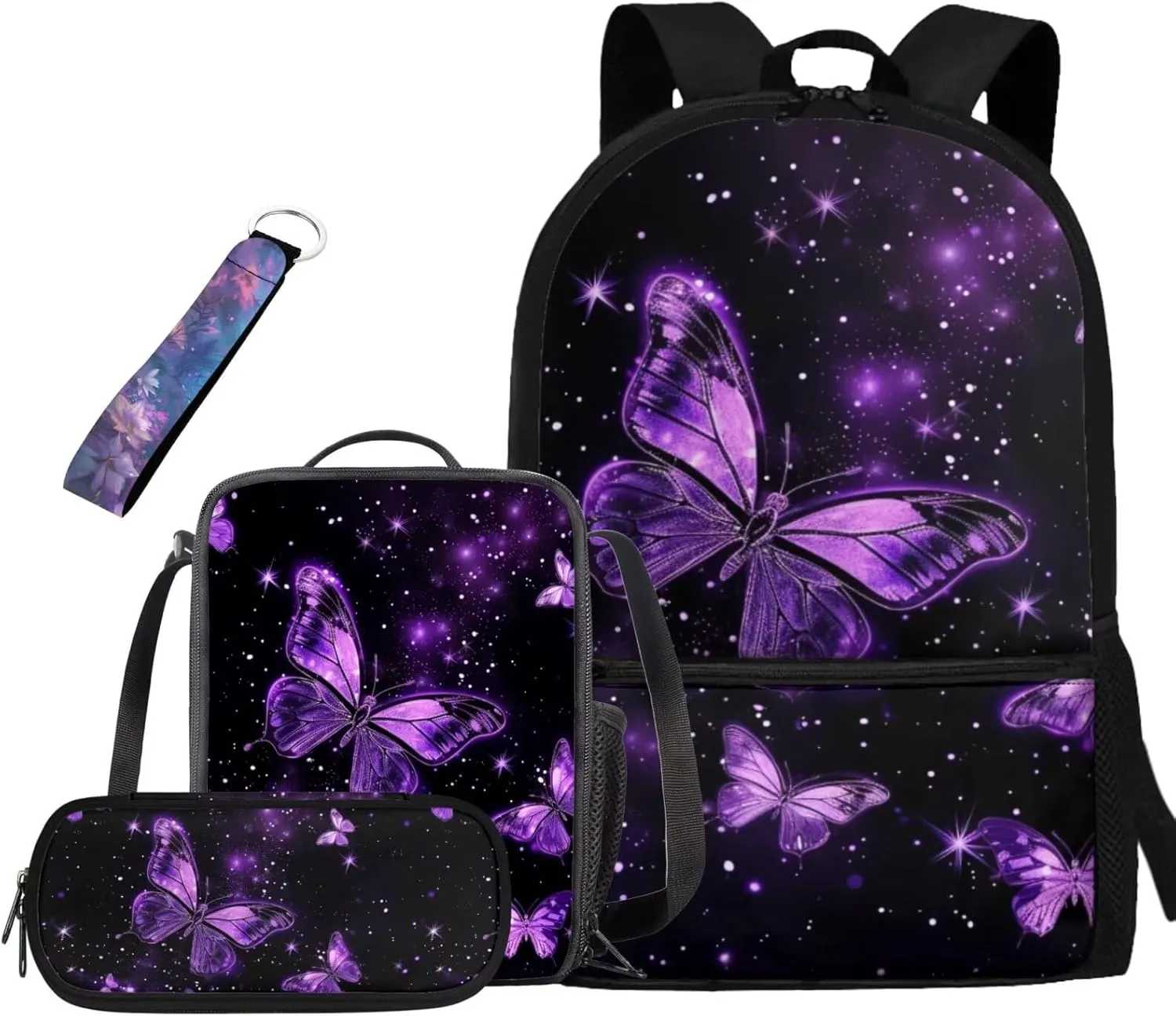 Ystardream Purple Butterfly Backpack With Lunch Box Kids Girls Boys Bookbag 10-12 Years Old 17 Inch Laptop Backpack for Women,School Backpack for Girls/Boys,Cool School Bags for Children Teens
