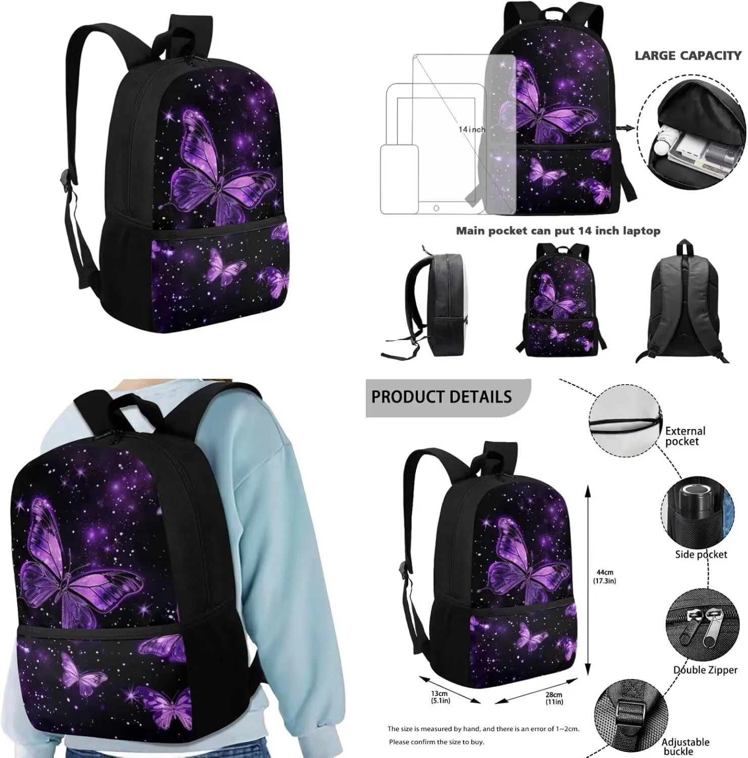 Ystardream Purple Butterfly Backpack With Lunch Box Kids Girls Boys Bookbag 10-12 Years Old 17 Inch Laptop Backpack for Women,School Backpack for Girls/Boys,Cool School Bags for Children Teens