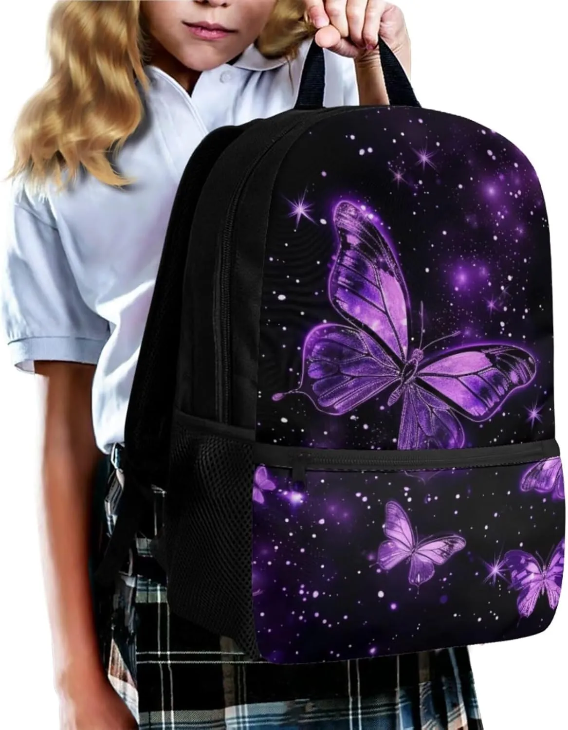 Ystardream Purple Butterfly Backpack With Lunch Box Kids Girls Boys Bookbag 10-12 Years Old 17 Inch Laptop Backpack for Women,School Backpack for Girls/Boys,Cool School Bags for Children Teens