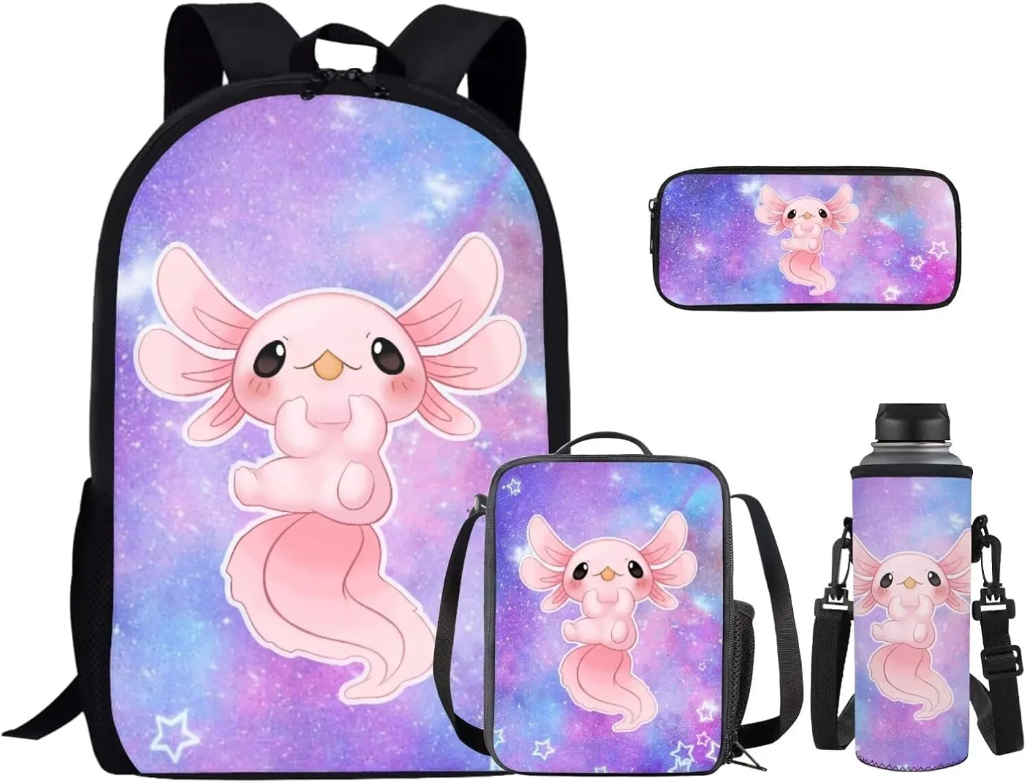 Ystardream School Bags for Girls 10-12 Axolotl Backpack With Lunch Box Pencil Case 4 Pcs Set Bookbag Laptop Backpack for Kids Boys Preschool Purple Galaxy