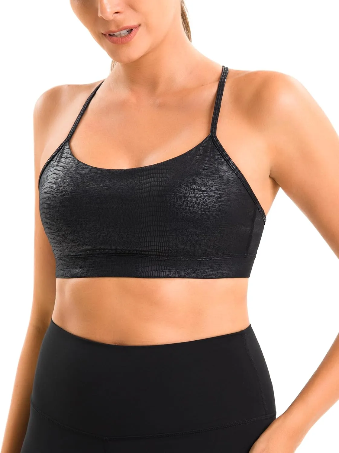YUNOGA Women's Y Back Matte Faux Leather Sports Bras Padded Racerback Spaghetti Thin Strap Support Workout Yoga Bra