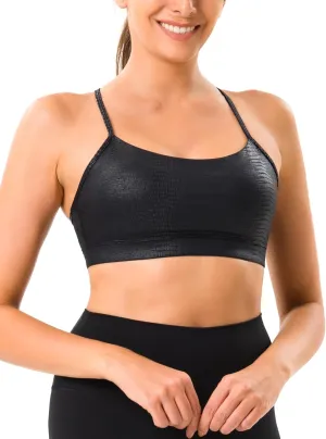 YUNOGA Women's Y Back Matte Faux Leather Sports Bras Padded Racerback Spaghetti Thin Strap Support Workout Yoga Bra