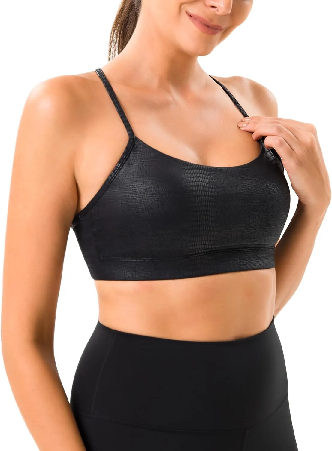 YUNOGA Women's Y Back Matte Faux Leather Sports Bras Padded Racerback Spaghetti Thin Strap Support Workout Yoga Bra