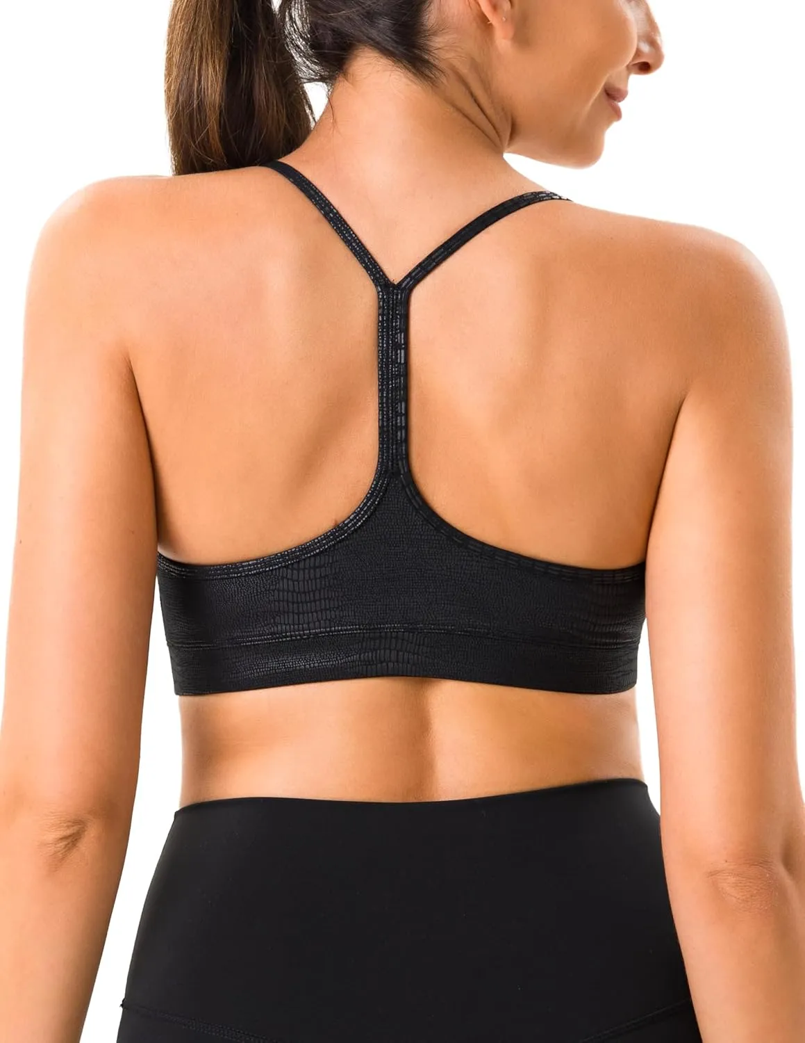 YUNOGA Women's Y Back Matte Faux Leather Sports Bras Padded Racerback Spaghetti Thin Strap Support Workout Yoga Bra