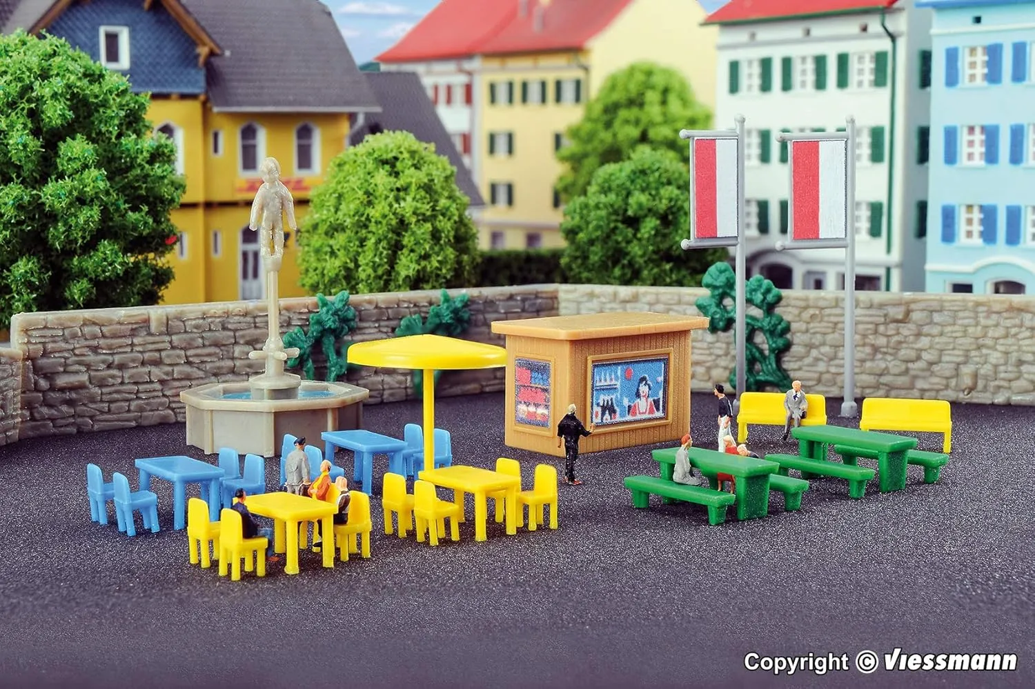 Z Scale Fountain & Park Accessories Set (Benches, Tables, Wall)