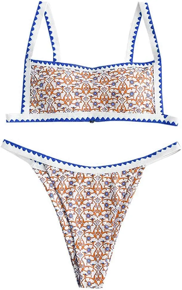 ZAFUL Women's Bohemian Swimsuit Strappy Tie Side Bikini Set Triangle Cheeky String Brazilian Swimwear