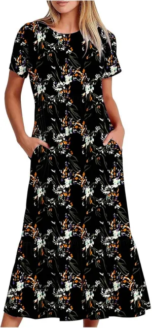 ZDRZK Dresses for Women 2024 Crewneck Short Sleeve Ruched Tshirt Sundress Boho Floral Print Long Maxi Dresses with Pockets
