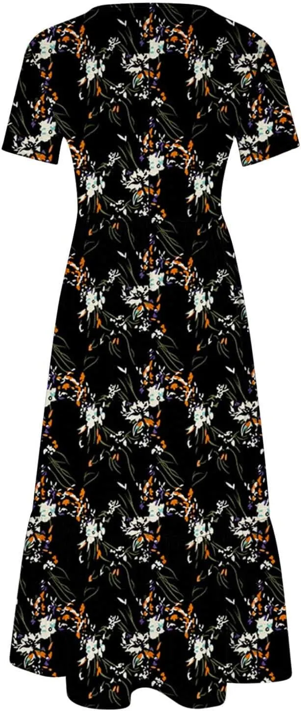 ZDRZK Dresses for Women 2024 Crewneck Short Sleeve Ruched Tshirt Sundress Boho Floral Print Long Maxi Dresses with Pockets