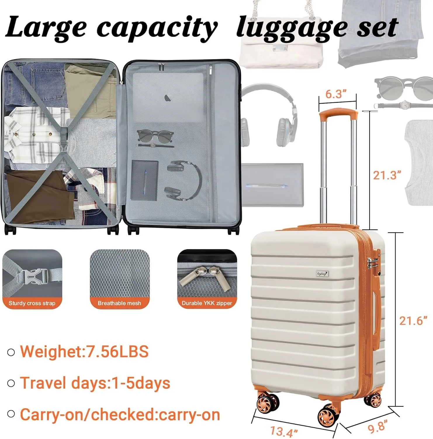 Zebra 20" Expandable Carry-On Luggage Set with TSA Lock, Lightweight Hardshell Suitcase with Spinner Wheels, PC ABS Durable Checked Luggage, Bonus Travel Backpack & Cosmetic Makeup Bag, White-Brown