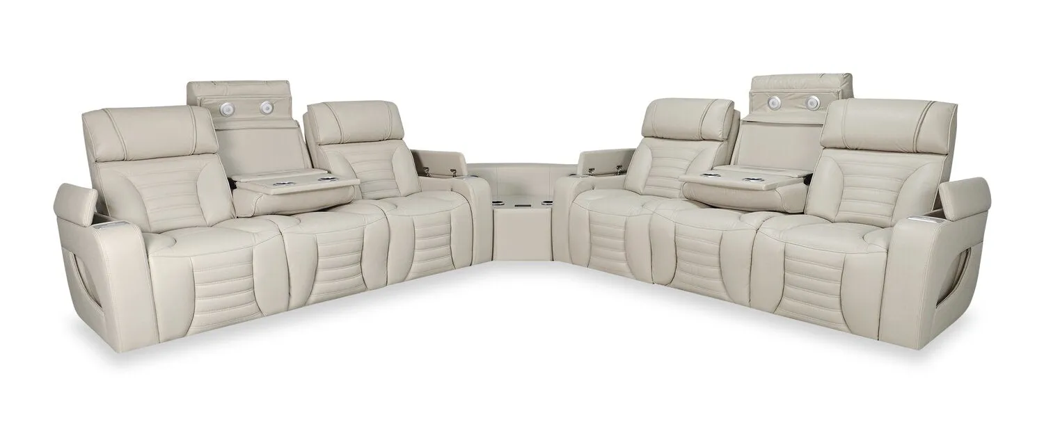 Zen 3-Piece Faux Leather Power Reclining Sectional with Massage and Two Drop-Down Consoles - Apricot | Sofa sectionnel à inclinaison électrique Zen 3 pièces en similicuir avec massage et 2 consoles rabattables - abricot