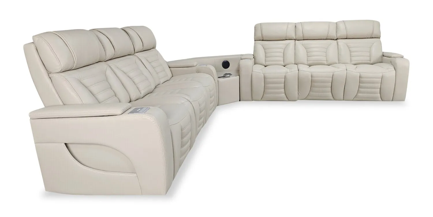 Zen 3-Piece Faux Leather Power Reclining Sectional with Massage and Two Drop-Down Consoles - Apricot | Sofa sectionnel à inclinaison électrique Zen 3 pièces en similicuir avec massage et 2 consoles rabattables - abricot
