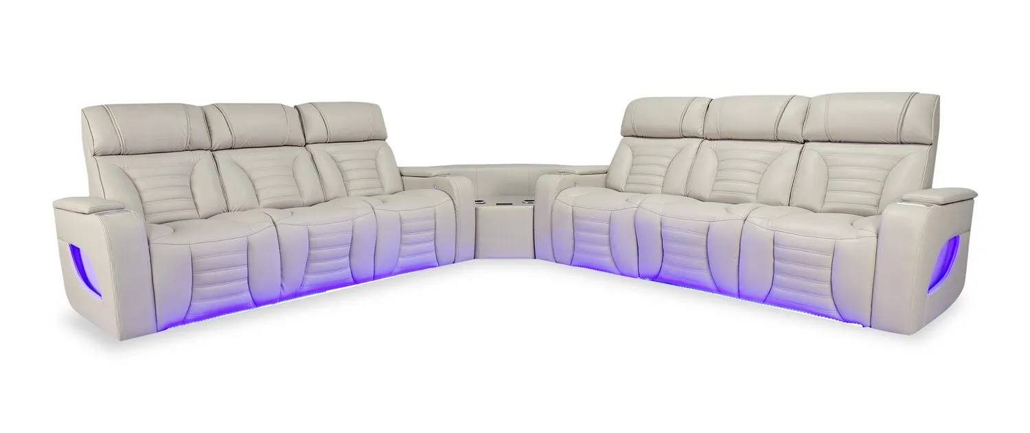 Zen 3-Piece Faux Leather Power Reclining Sectional with Massage and Two Drop-Down Consoles - Apricot | Sofa sectionnel à inclinaison électrique Zen 3 pièces en similicuir avec massage et 2 consoles rabattables - abricot