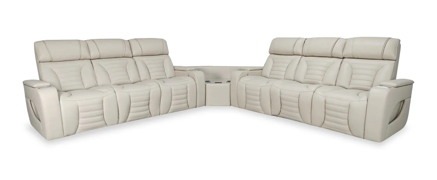 Zen 3-Piece Faux Leather Power Reclining Sectional with Massage and Two Drop-Down Consoles - Apricot | Sofa sectionnel à inclinaison électrique Zen 3 pièces en similicuir avec massage et 2 consoles rabattables - abricot