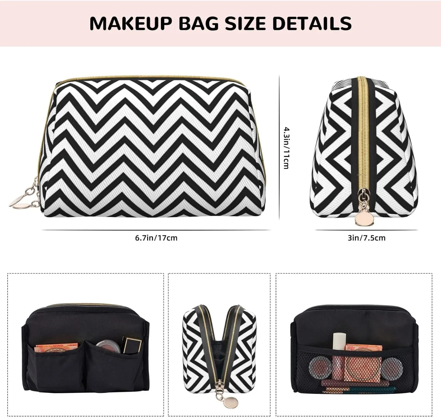 Zigzag Stripe Toiletry Pouch, Travel-Friendly Makeup Organizer For Makeup Brushes, Lipsticks